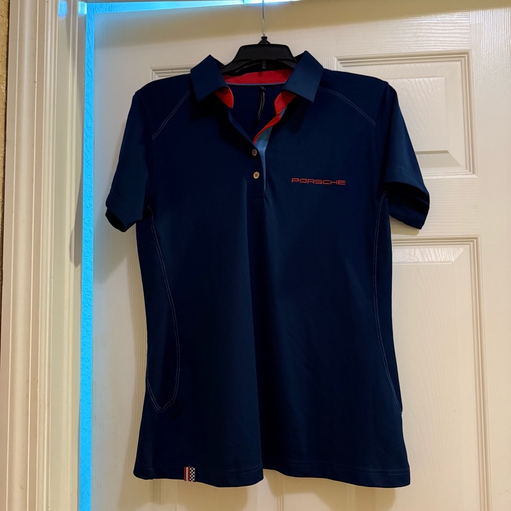Women’s Porsche Navy and Red Polo Shirt in Size Medium.